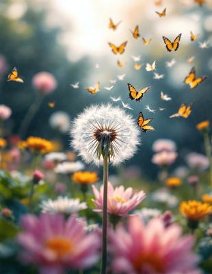The primary subject of the image is a dandelion flower, which is the main focus of the scene. The setting is a garden with a variety of flowers, creating a vibrant and colorful backdrop. The visual style of the image is a combination of photo and digital art, giving it a unique and artistic appearance. The dominant colors in the image are yellow and orange, creating a warm and cheerful atmosphere.